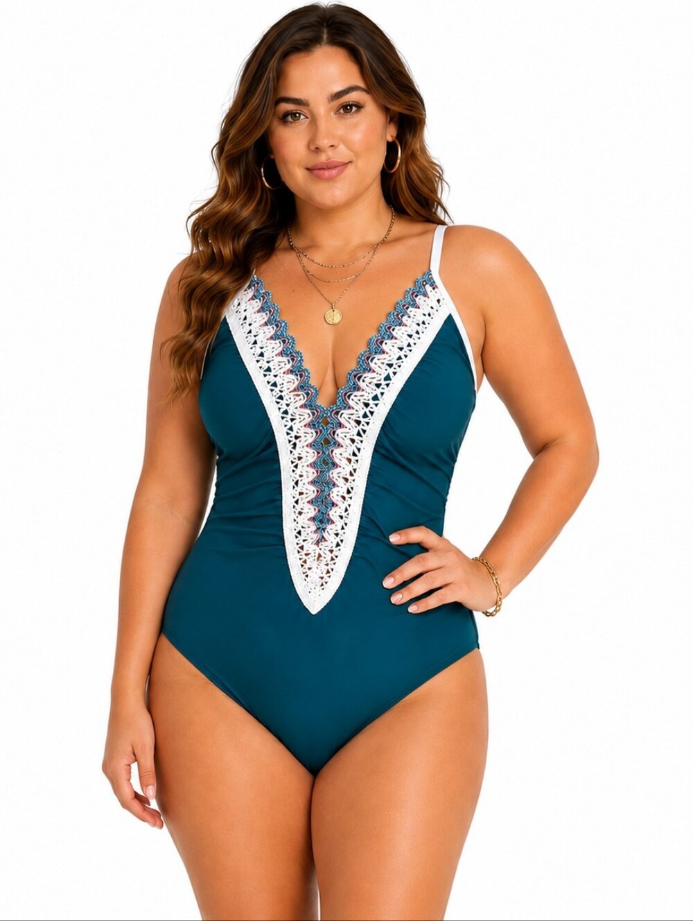 NWT Teal Crochet Lace One Piece Swimsuit XL Boho Beach Resortwear Bathing Suit